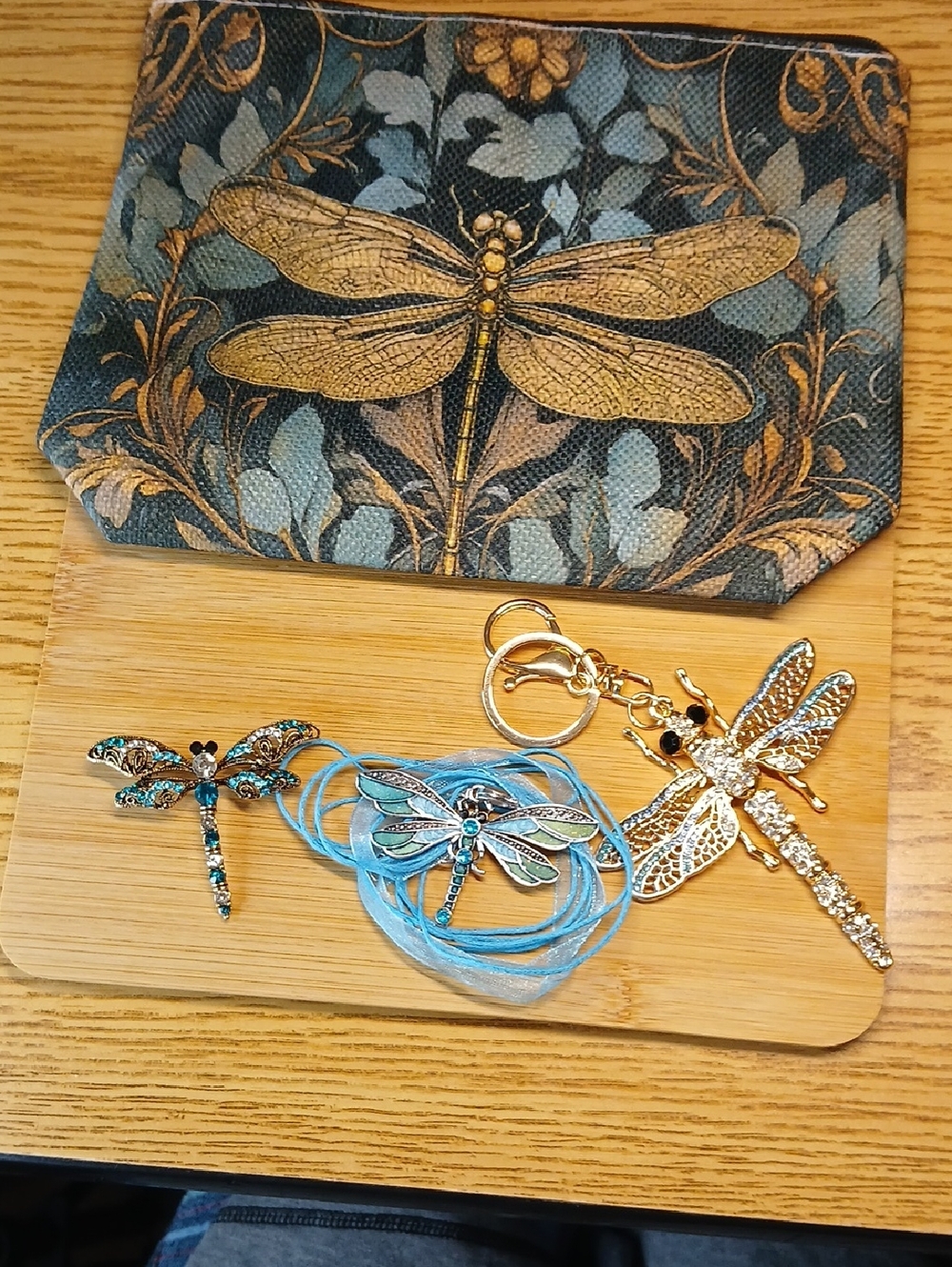NWOT 4PC Blue & Gold Dragonfly Makeup Bag & Jewelry 1 Keychain 1 Brooch 1 Neck